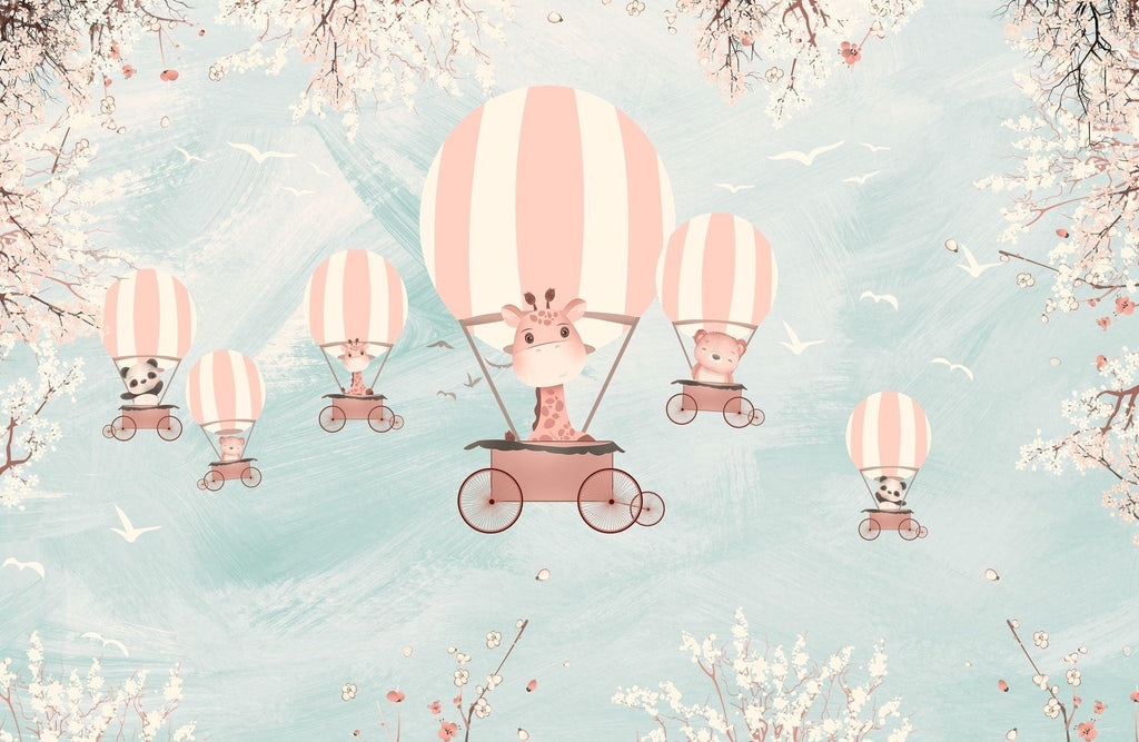 Hot Air Balloon Mural Wallpaper | Safari Animals Adventure with Cherry Blossoms