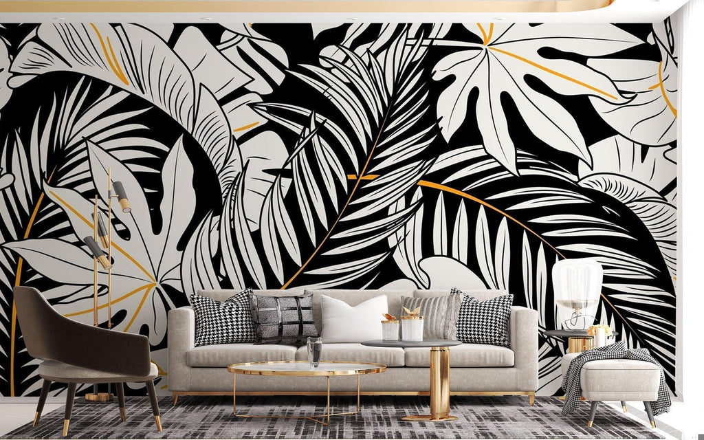 Tropical Mural Wallpaper | Black and White Monstera with Gold Accents