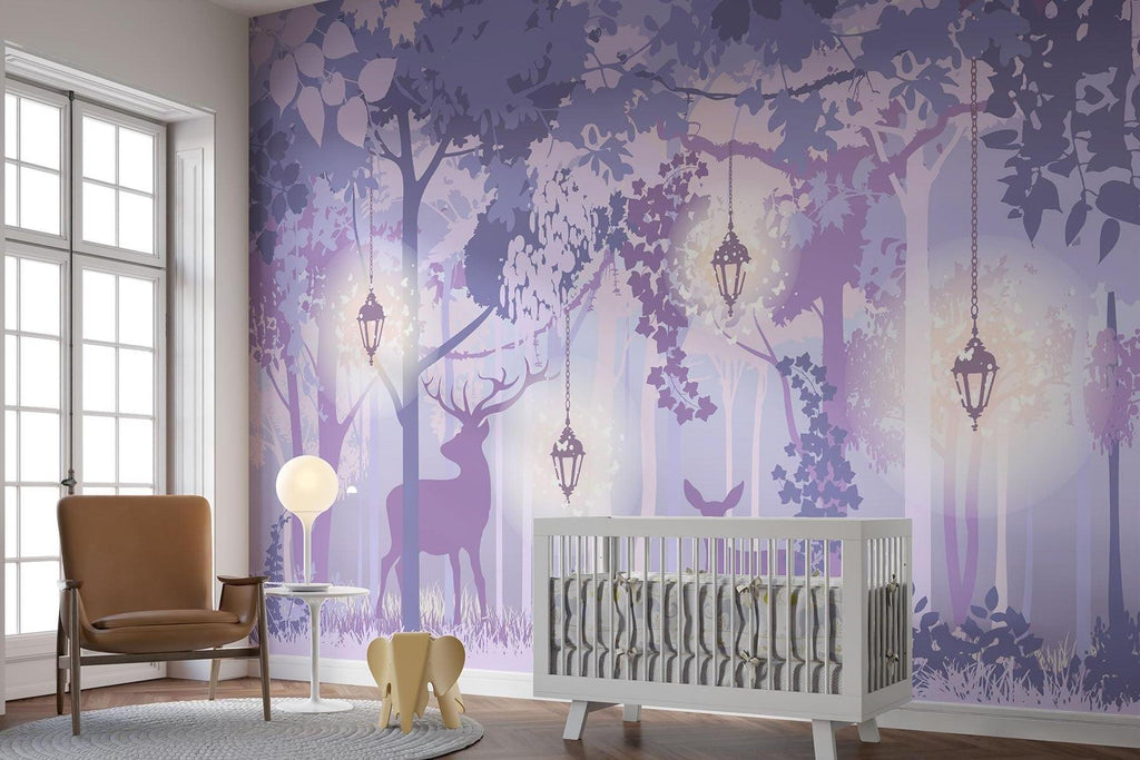 Forest Mural Wallpaper | Enchanted Purple Woodland With Lanterns