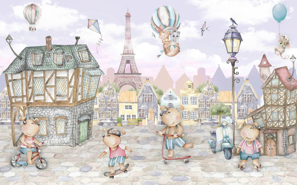 Paris Kids Mural Wallpaper | Whimsical Teddy Bears Adventure
