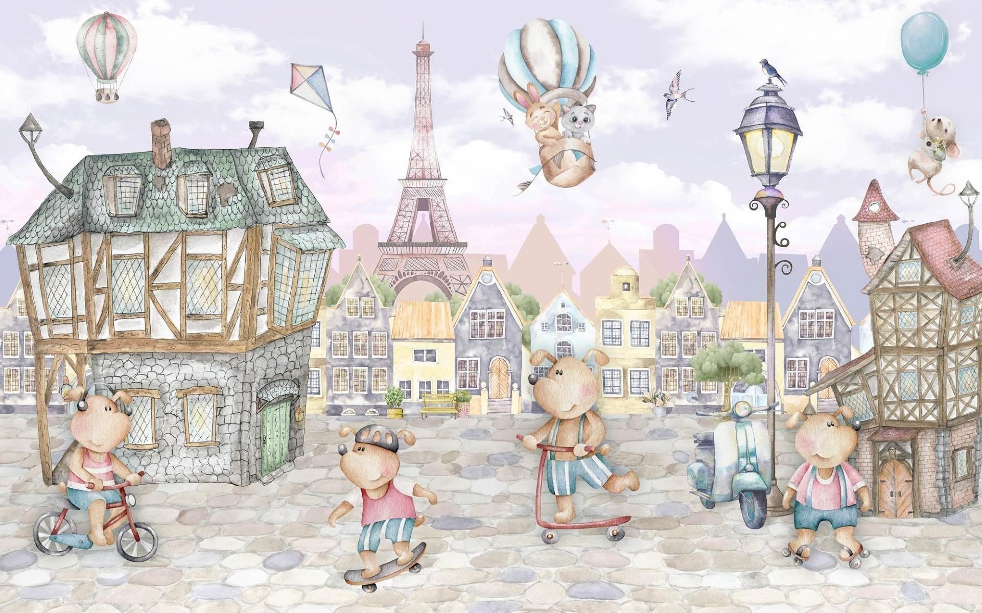 Paris Kids Mural Wallpaper | Whimsical Teddy Bears Adventure