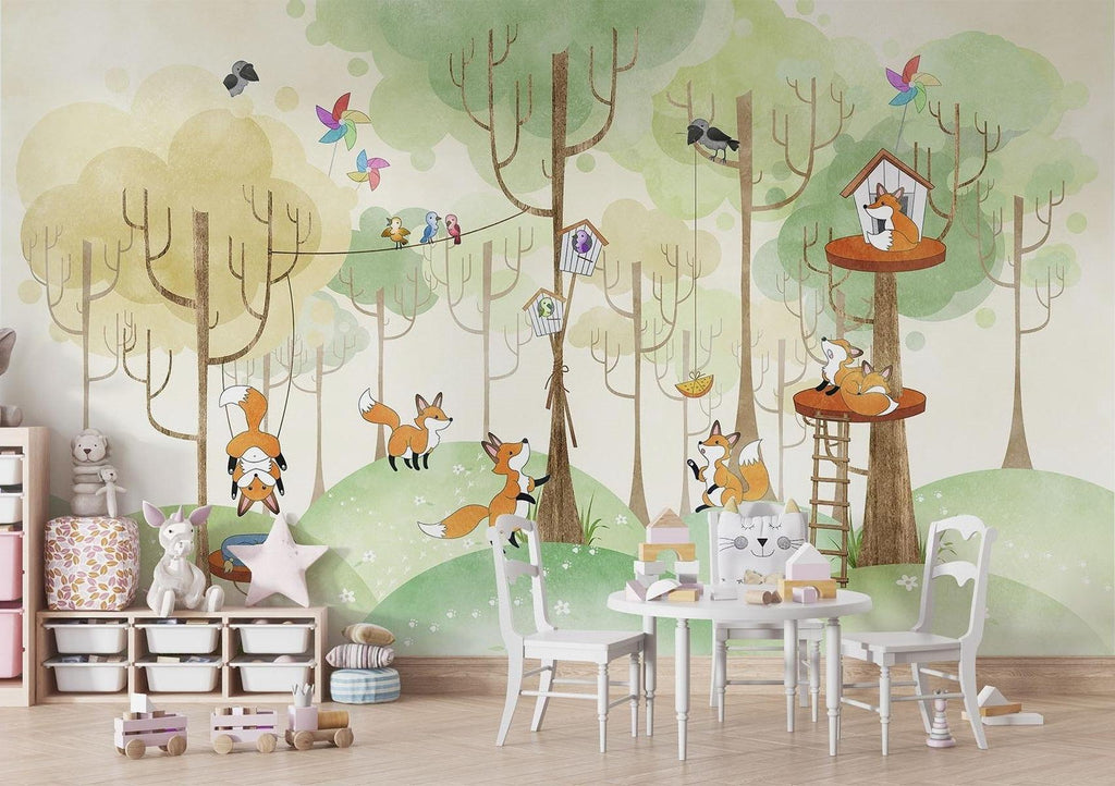 Forest Animals Mural Wallpaper | Playful Fox Treehouse Scene