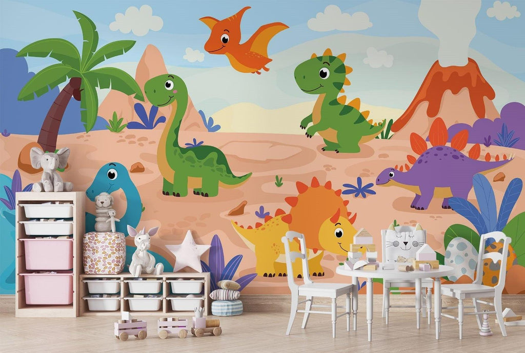 Dinosaur Mural Wallpaper | Cartoon Prehistoric Adventure Scene