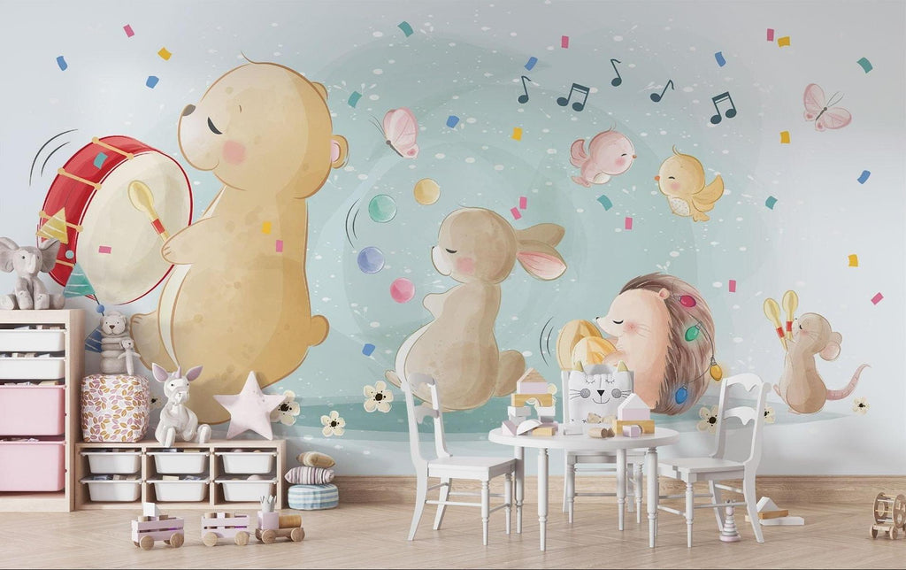 Musical Animals Mural Wallpaper | Playful Nursery Band with Bear and Bunny