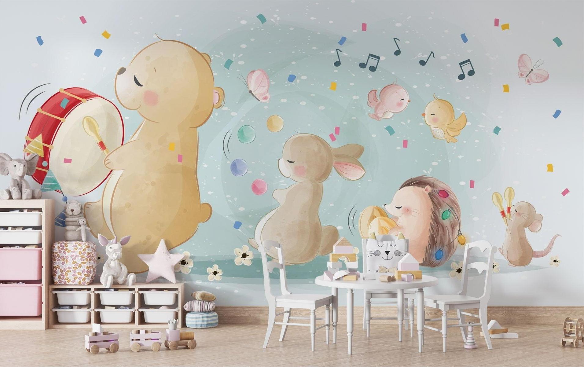 Musical Animals Mural Wallpaper | Playful Nursery Band with Bear and Bunny