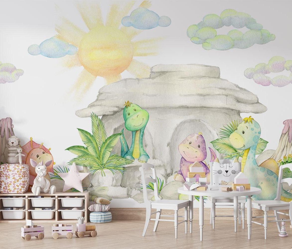 Dinosaur Mural Wallpaper | Watercolor Pastel Baby Dragons Cave