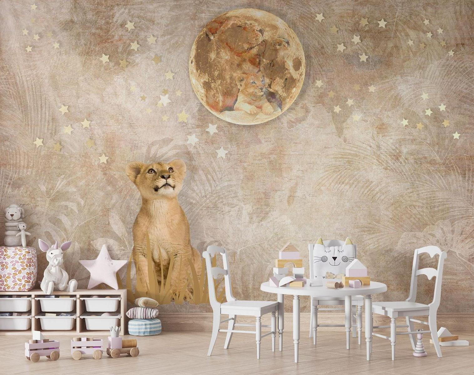 Safari Lion Mural Wallpaper | Dreamy Moon and Stars Design