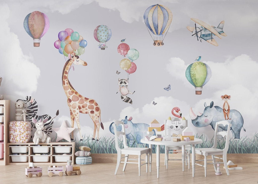 Safari Animals Mural Wallpaper | Watercolor Hot Air Balloon Adventure