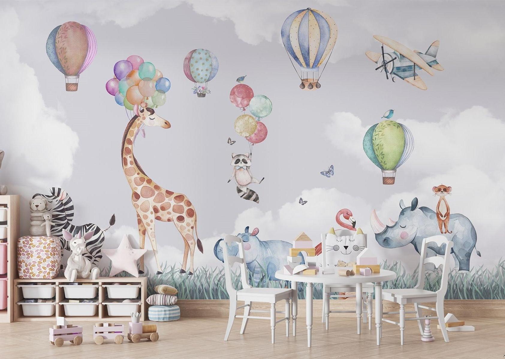 Safari Animals Mural Wallpaper | Watercolor Hot Air Balloon Adventure