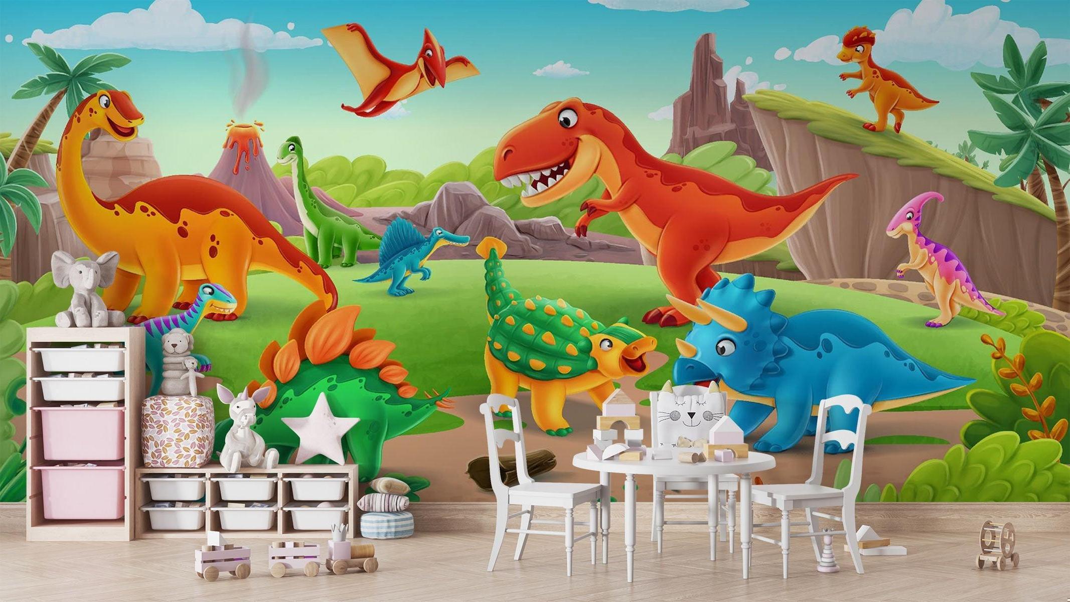 Dinosaur Mural Wallpaper | Colorful Prehistoric Adventure Scene