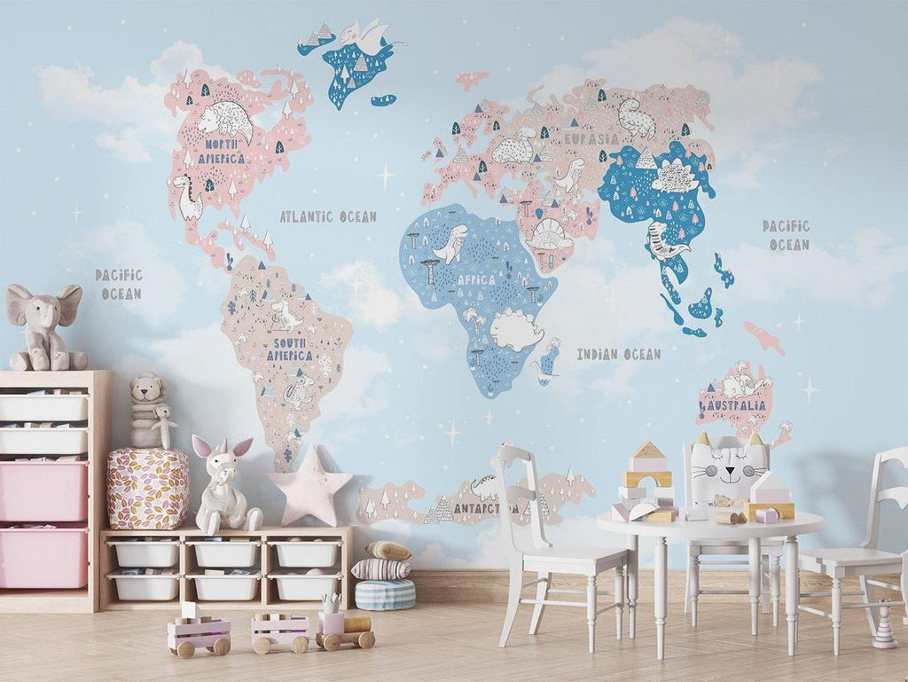 World Map Mural Wallpaper | Dinosaur Adventure in Pastel Colors