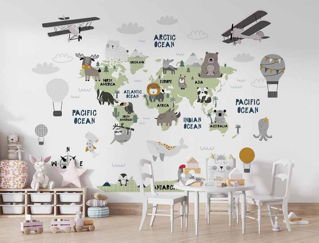 World Map Mural Wallpaper | Kids Adventure Theme with Animals