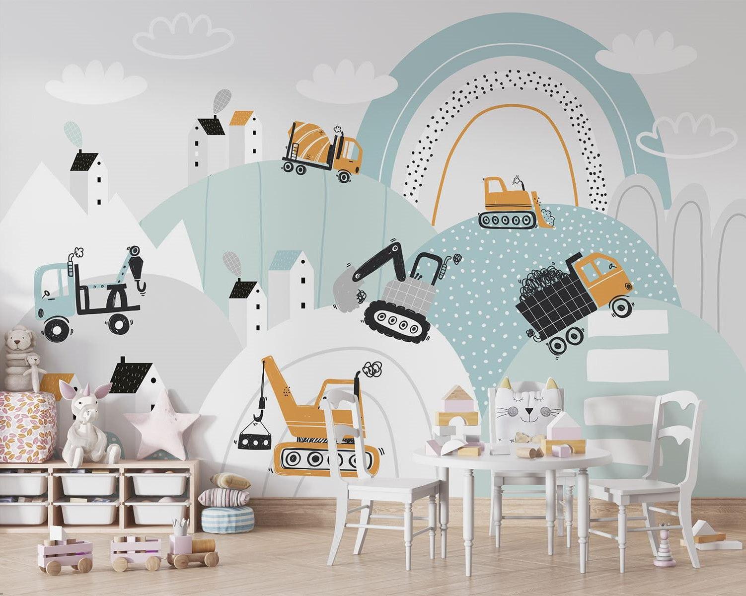 Construction Mural Wallpaper | Playful Vehicle Scene With Rainbow