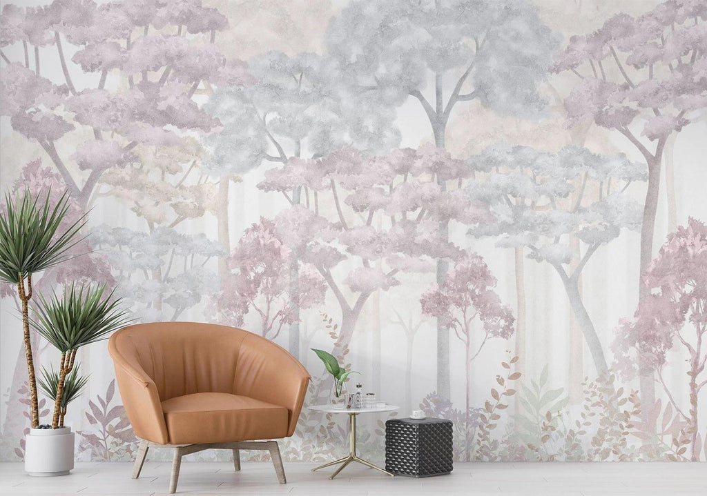 Forest Mural Wallpaper | Dreamy Pink and Grey Watercolor Trees