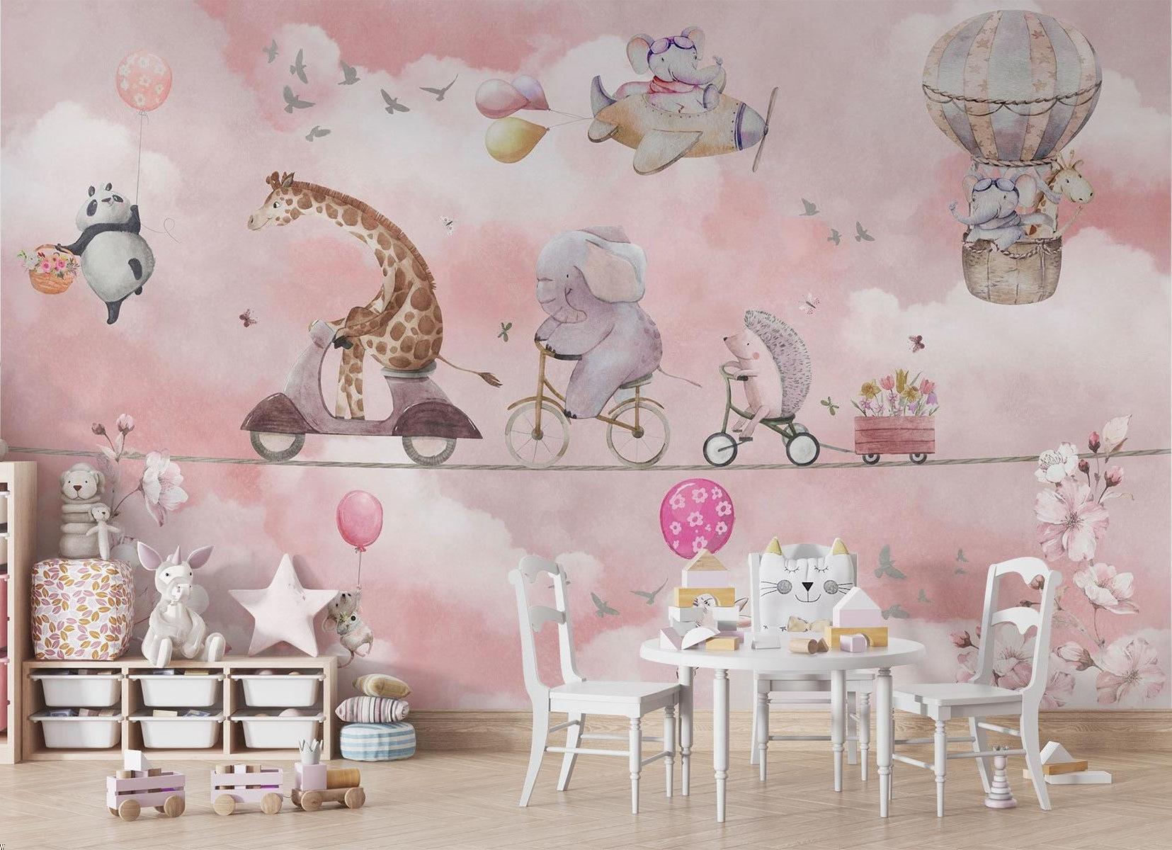Kids Animal Mural Wallpaper | Adventure Parade in Pink Sky