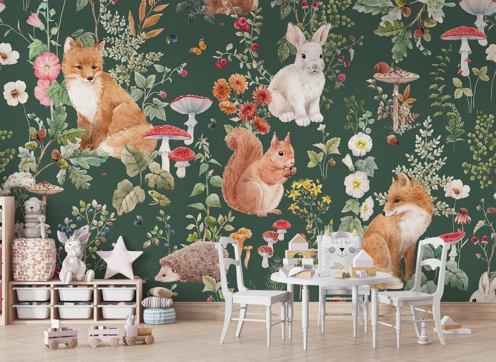 Forest Animals Mural Wallpaper | Woodland Creatures With Mushrooms
