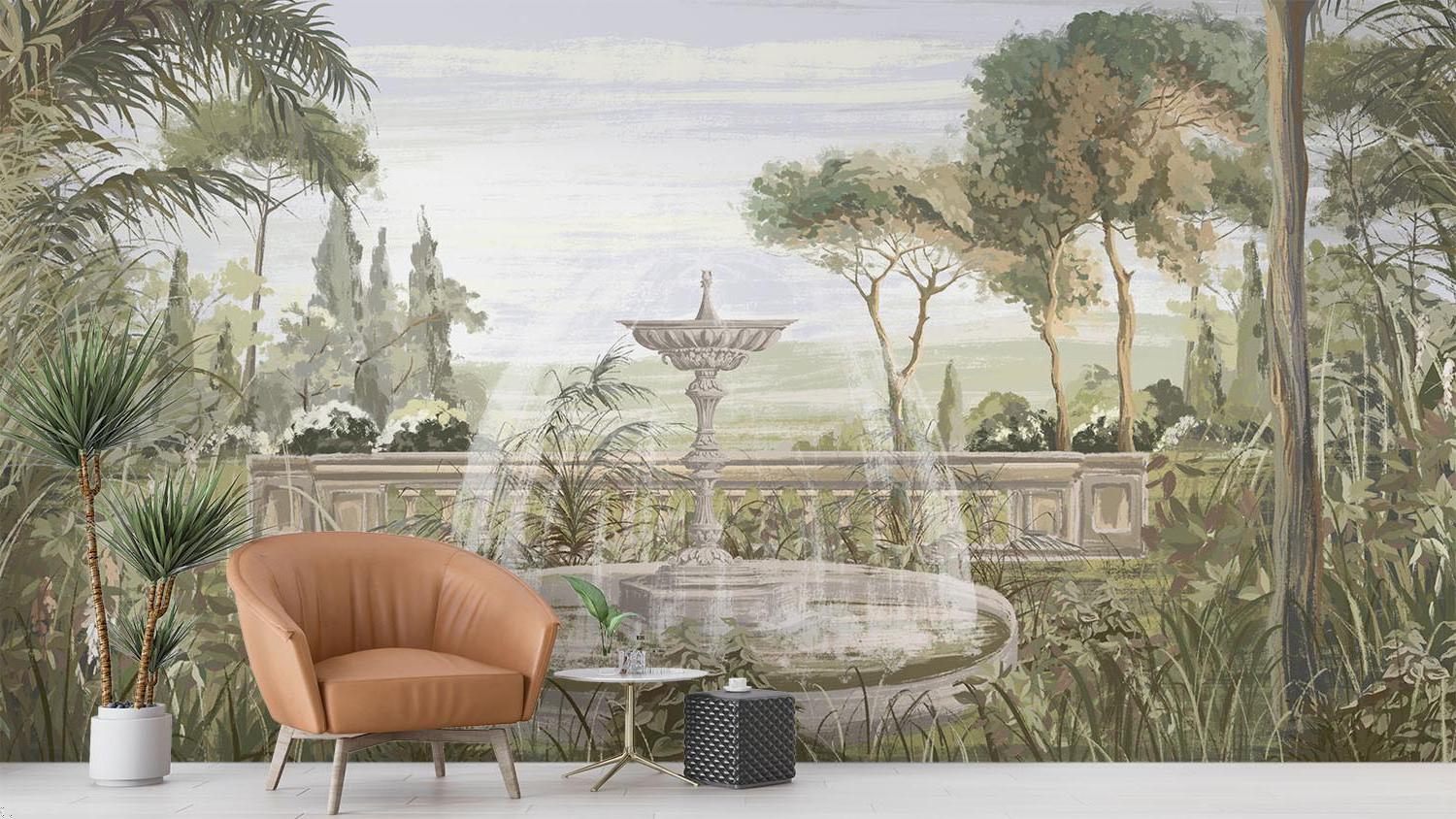 Garden Mural Wallpaper | Vintage Fountain With Palm Trees