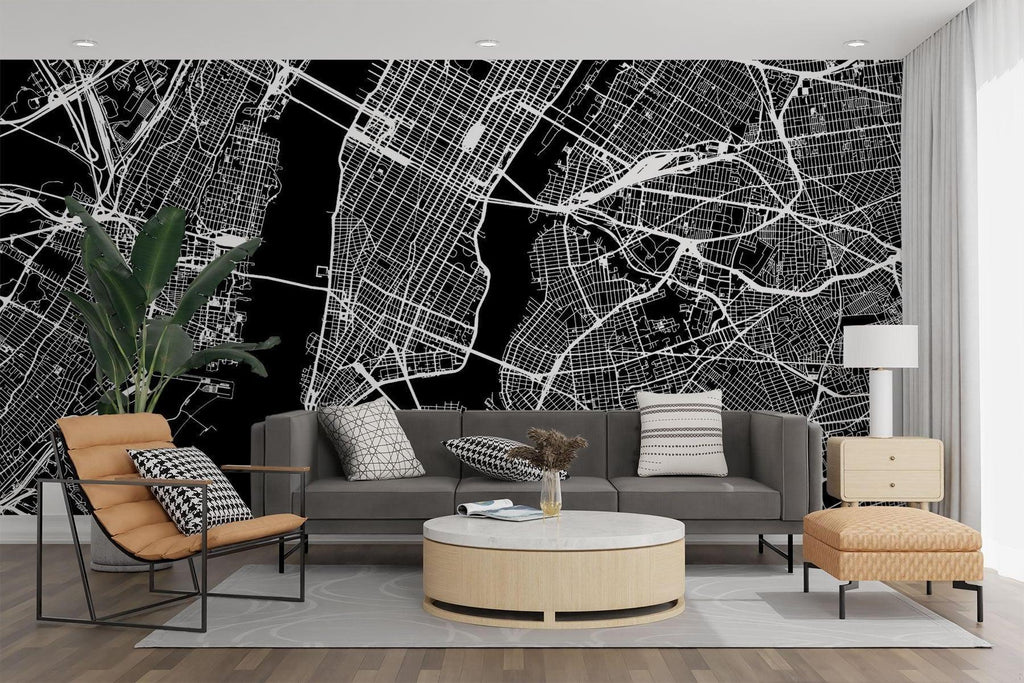 City Map Mural Wallpaper | Modern Black and White Urban Design