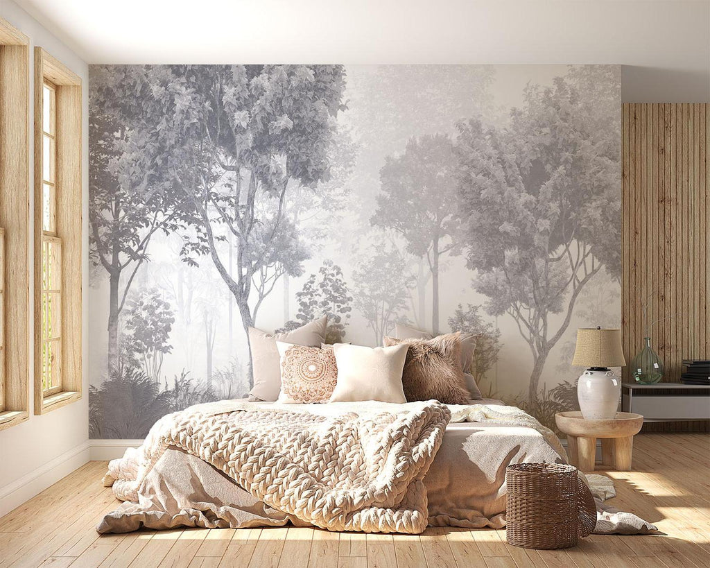 Forest Mural Wallpaper | Misty Grey Tree Landscape
