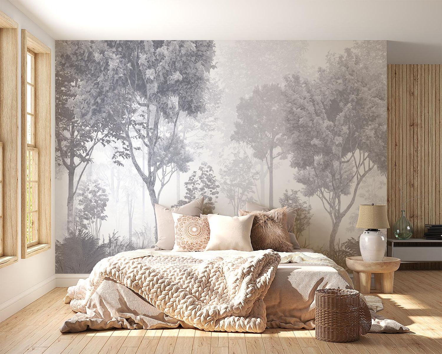 Forest Mural Wallpaper | Misty Grey Tree Landscape