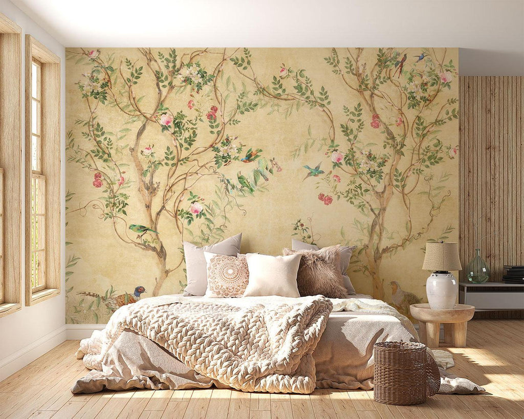 Vintage Floral Mural Wallpaper | Birds and Roses Chinoiserie Design