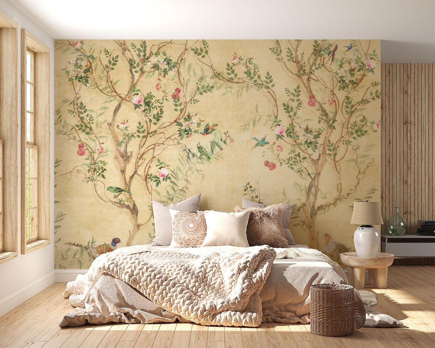 Vintage Floral Mural Wallpaper | Birds and Roses Chinoiserie Design
