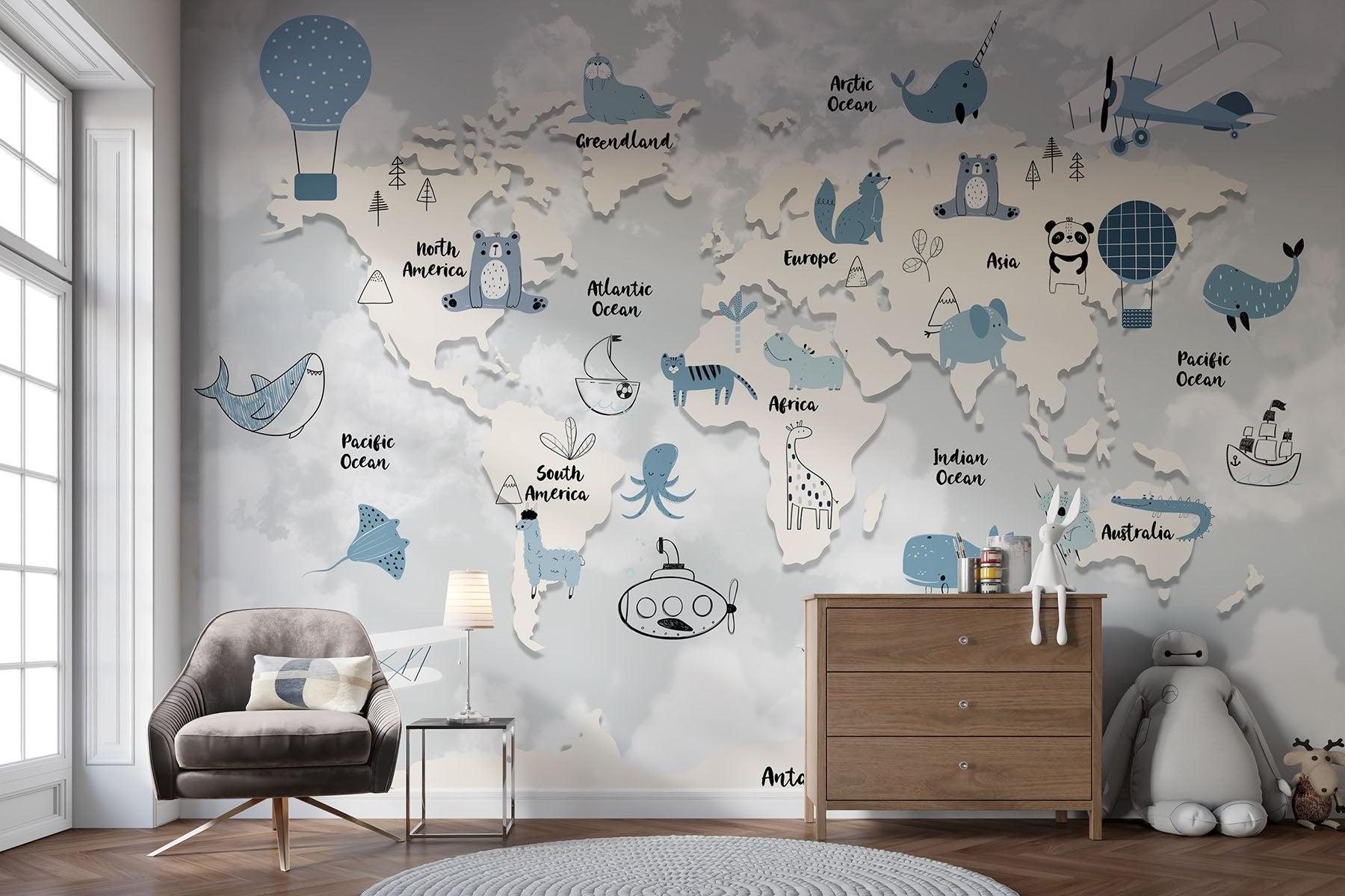 World Map Mural Wallpaper | Kids Adventure With Animals and Hot Air Balloons
