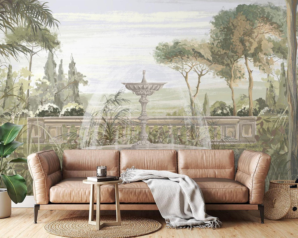 Garden Mural Wallpaper | Vintage Fountain With Palm Trees
