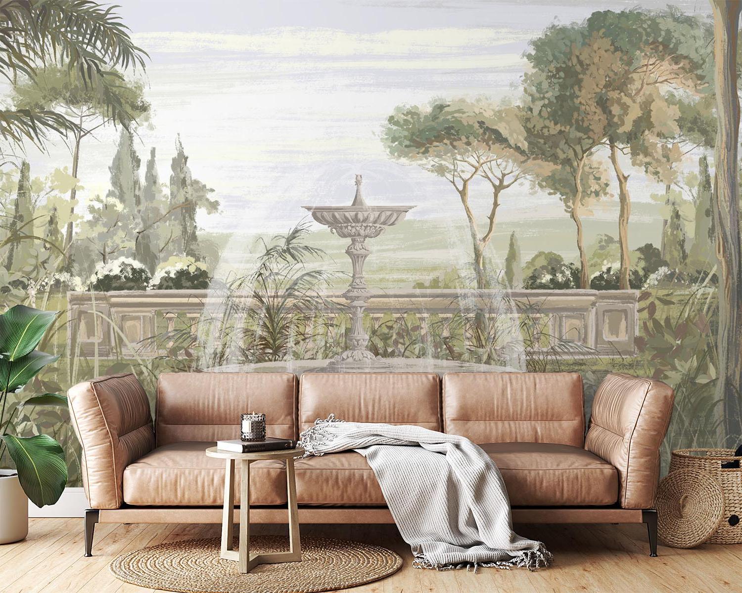 Garden Mural Wallpaper | Vintage Fountain With Palm Trees