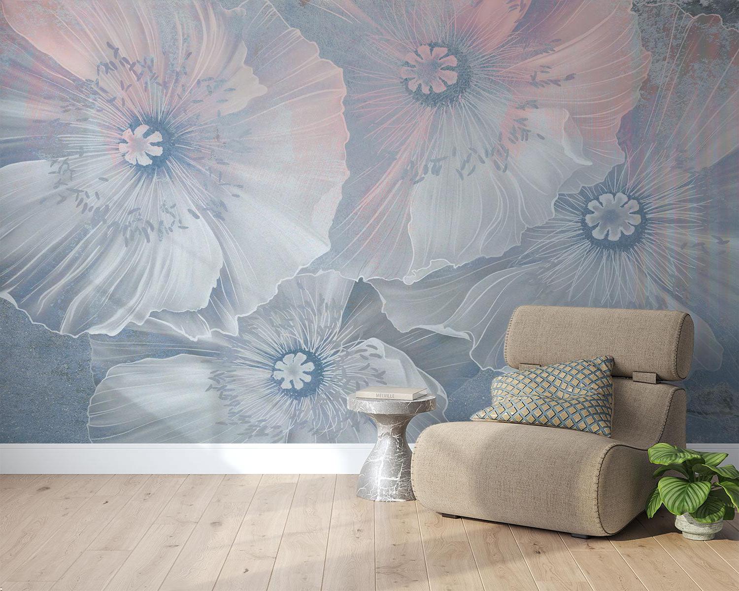 Floral Mural Wallpaper | Ethereal Blue and Pink Poppies