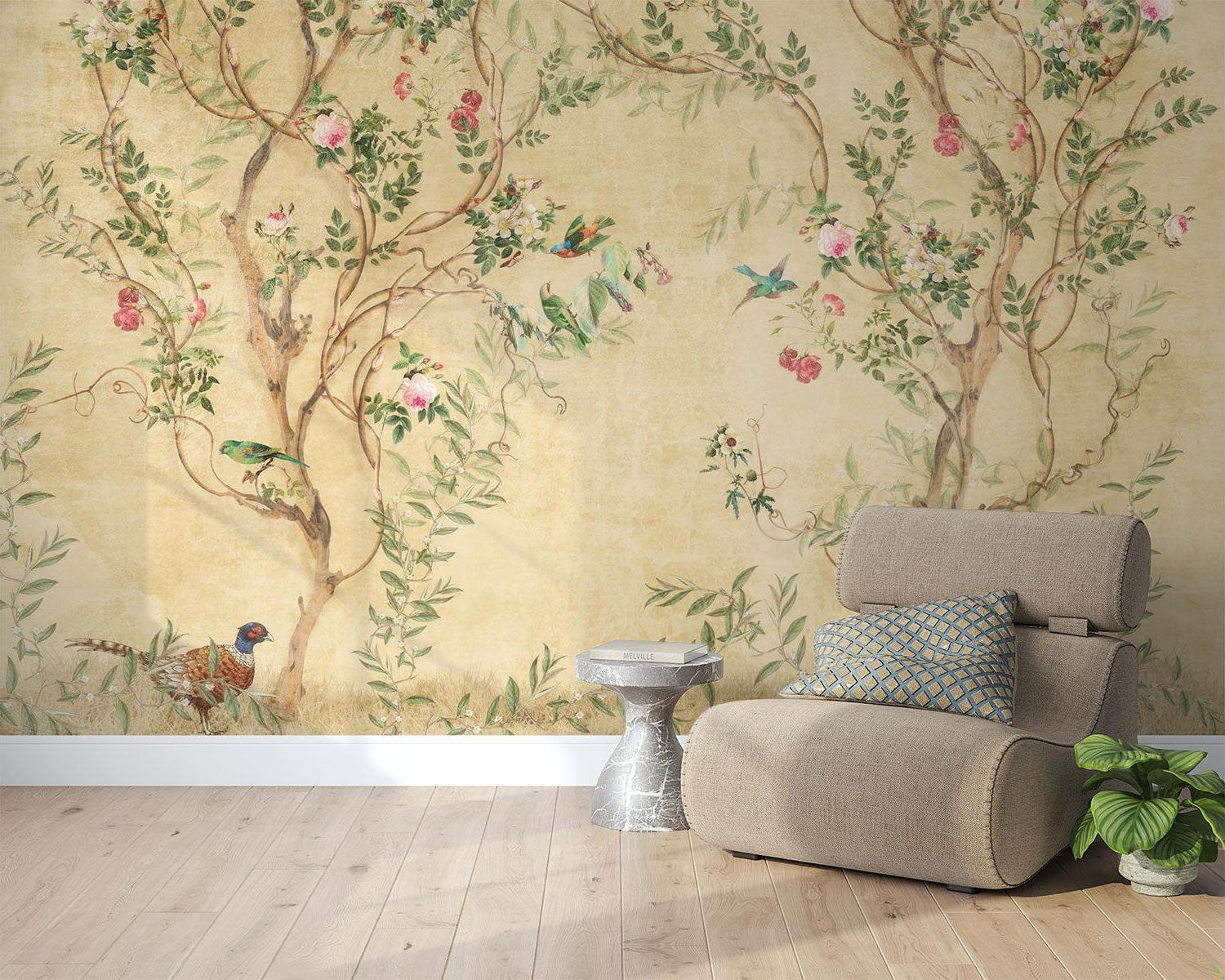 Vintage Floral Mural Wallpaper | Birds and Roses Chinoiserie Design