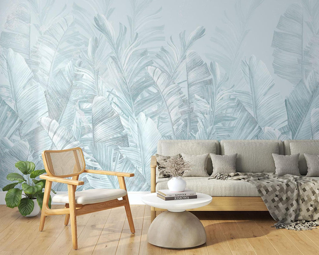 Tropical Mural Wallpaper | Soft Blue Palm Leaves Design