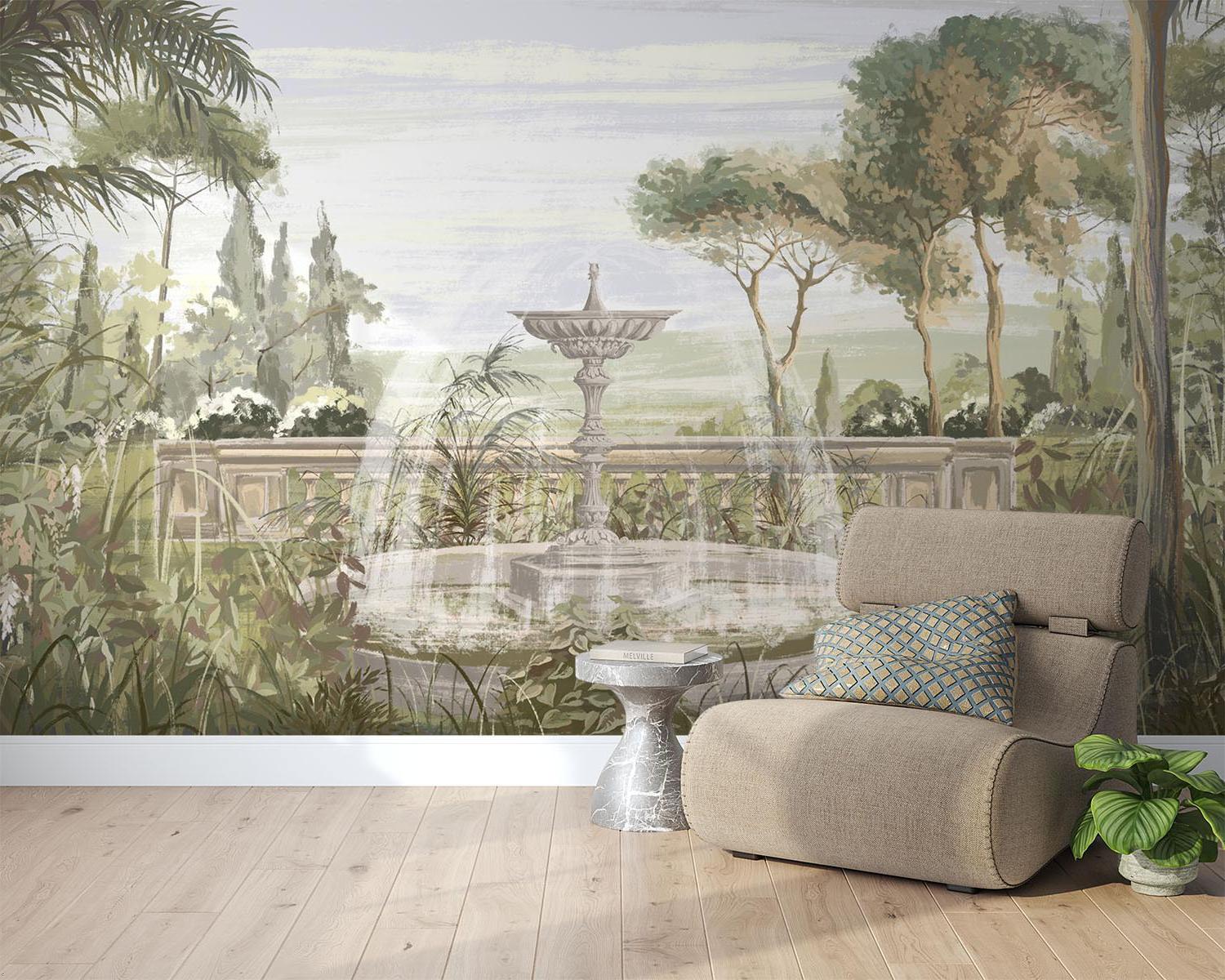Garden Mural Wallpaper | Vintage Fountain With Palm Trees