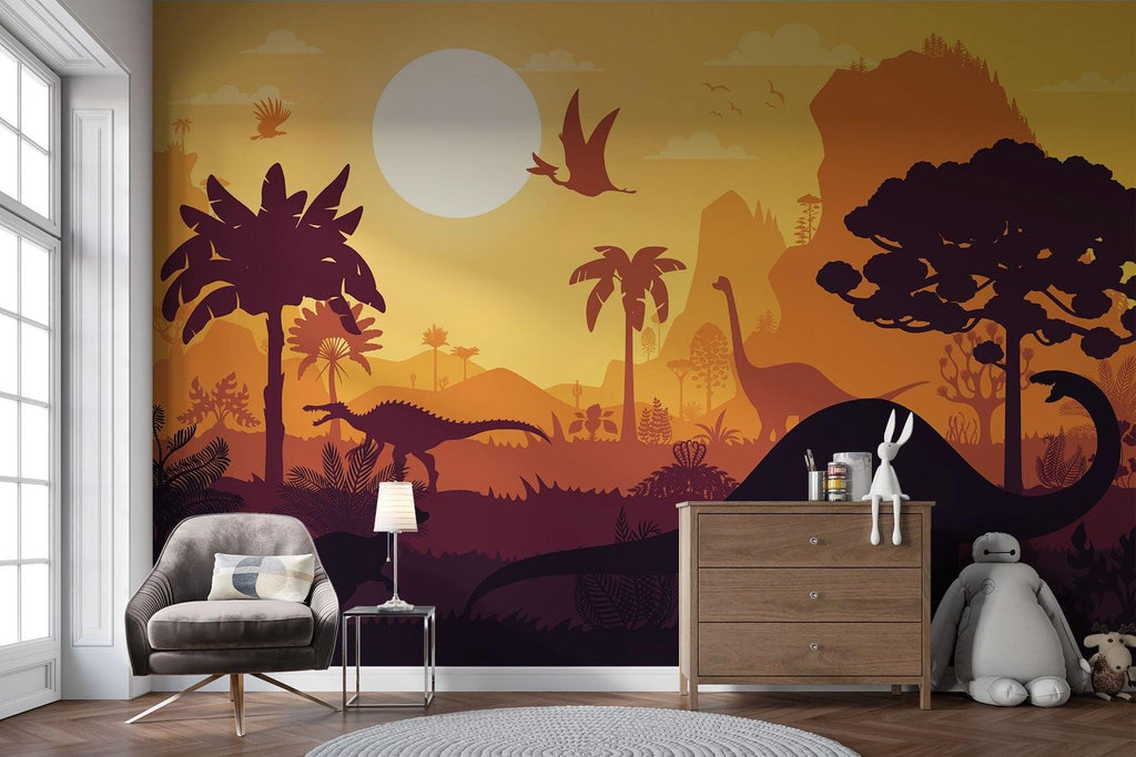 Dinosaur Mural Wallpaper | Prehistoric Sunset Landscape