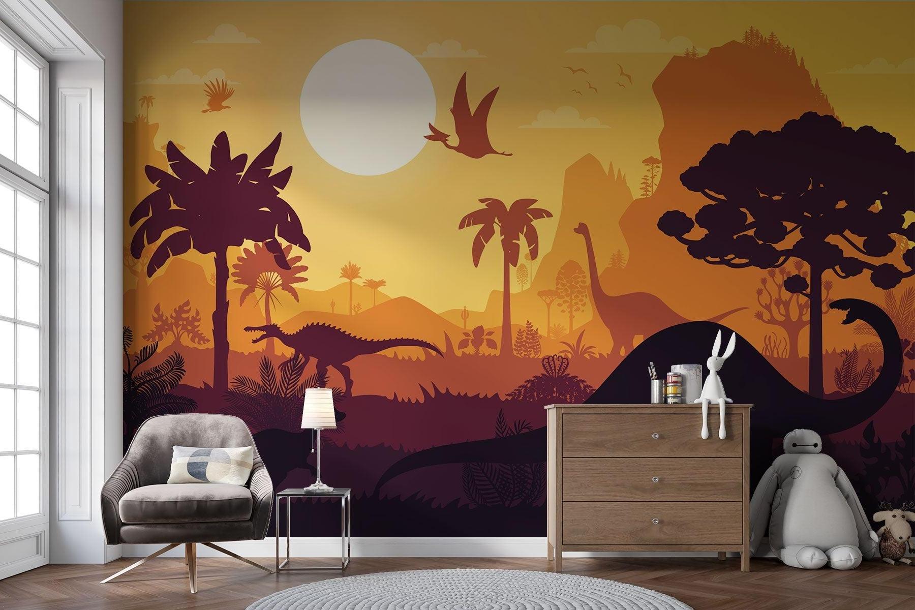 Dinosaur Mural Wallpaper | Prehistoric Sunset Landscape