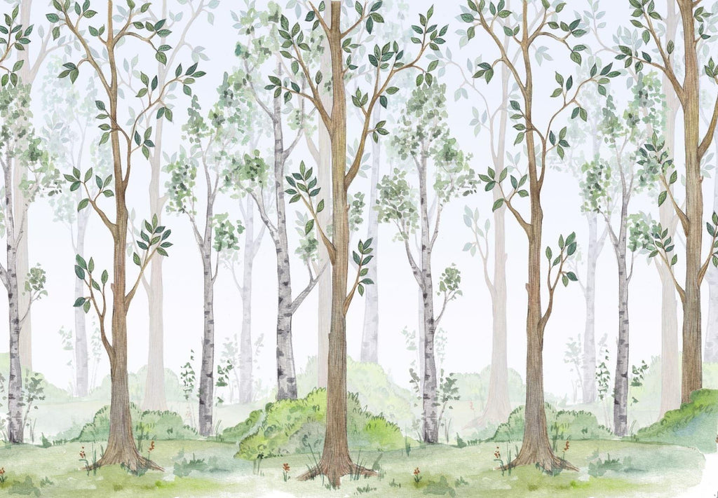 Forest Mural Wallpaper | Watercolor Tree Design With Green Leaves