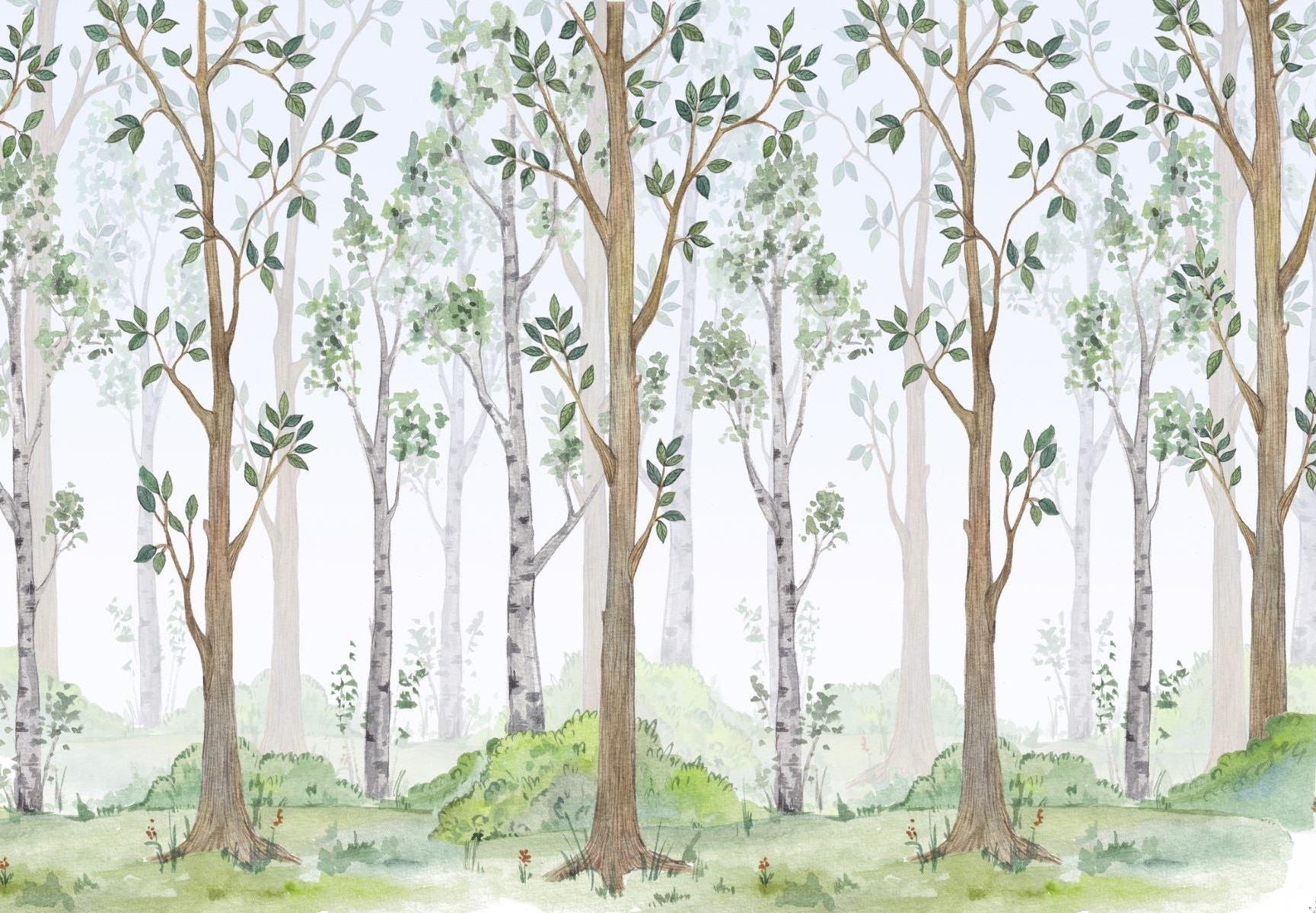 Forest Mural Wallpaper | Watercolor Tree Design With Green Leaves