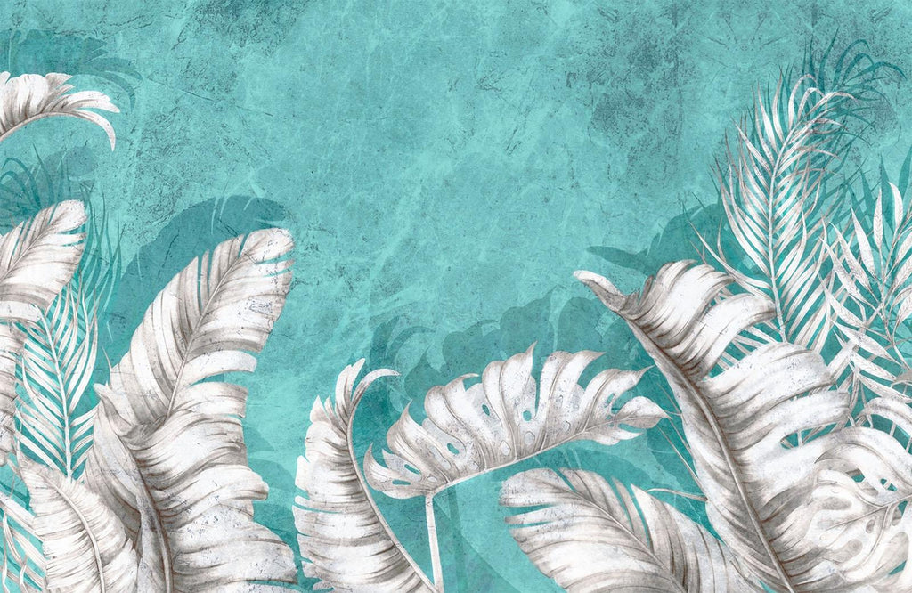 Tropical Mural Wallpaper | White Palm Leaves on Turquoise
