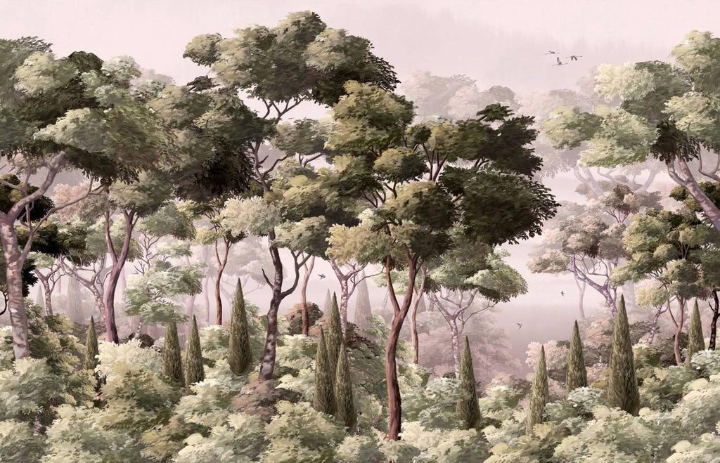Forest Mural Wallpaper | Misty Green Woodland Scene