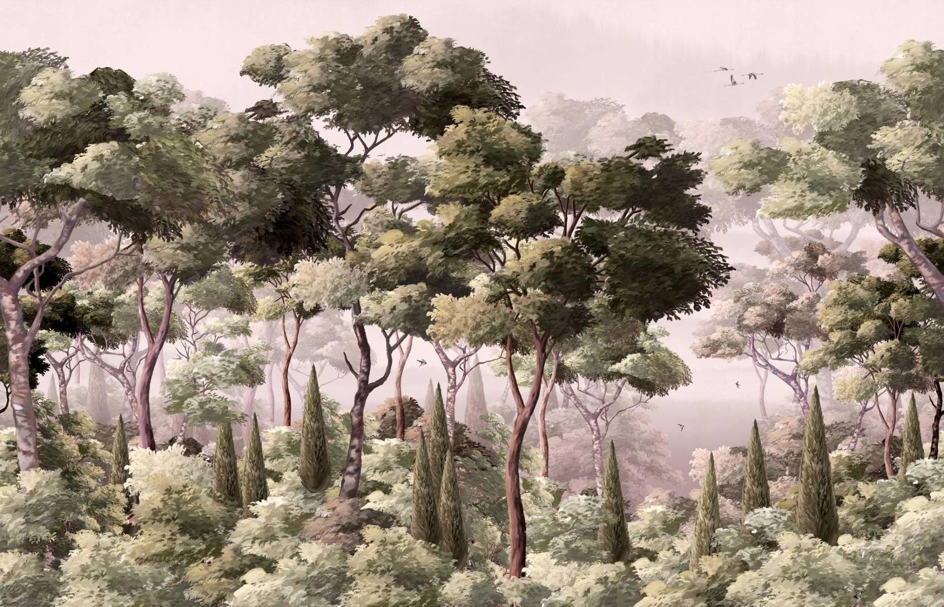 Forest Mural Wallpaper | Misty Green Woodland Scene