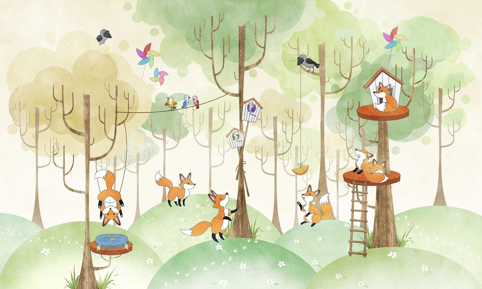 Forest Animals Mural Wallpaper | Playful Fox Treehouse Scene