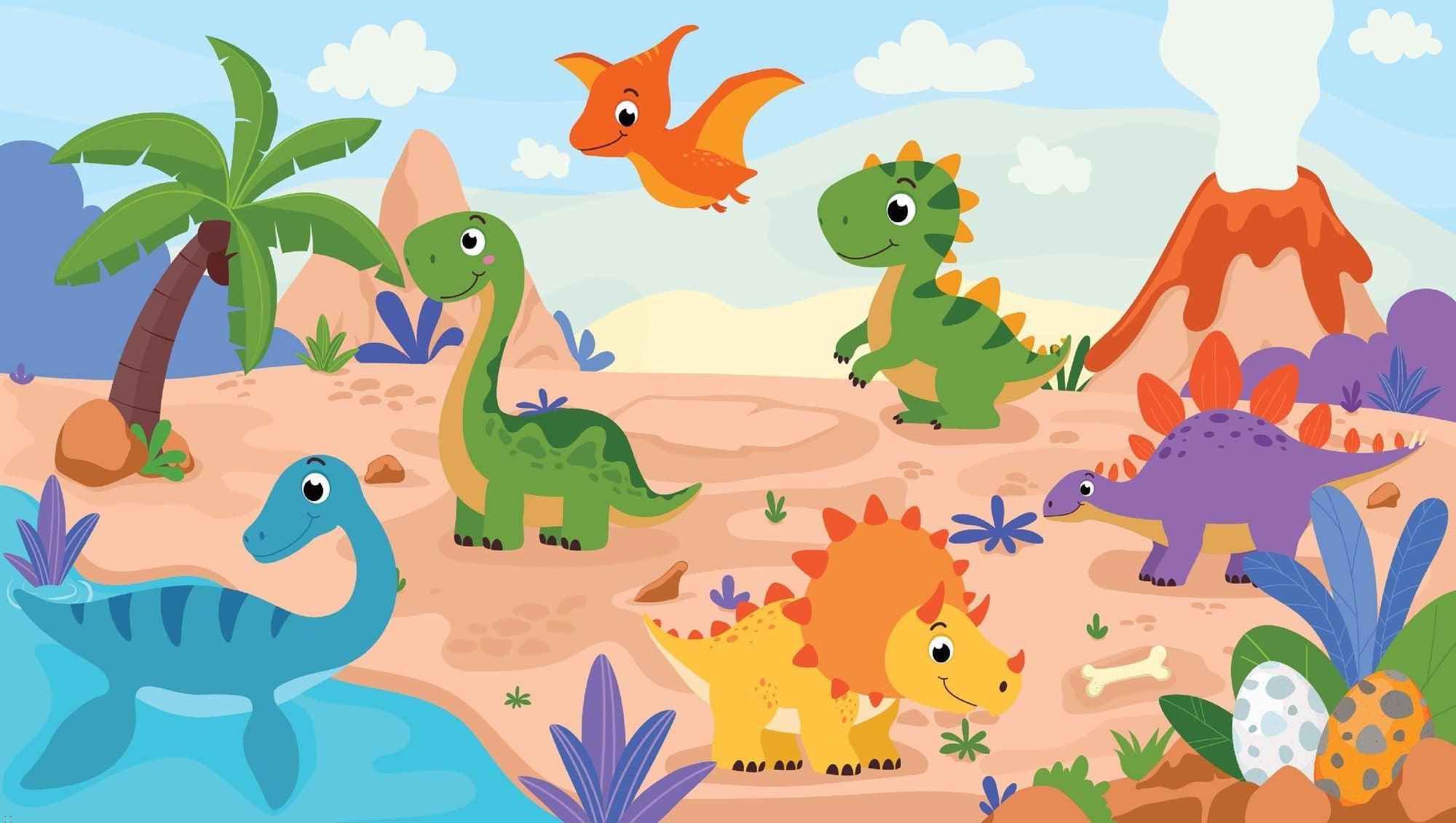 Dinosaur Mural Wallpaper | Cartoon Prehistoric Adventure Scene