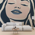 Modern abstract face line art mural wallpaper styled in a bright minimalist living room with white sofa and plants