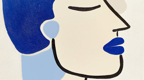 Abstract face line art wallpaper design file showing clean black lines and blue accents on beige background