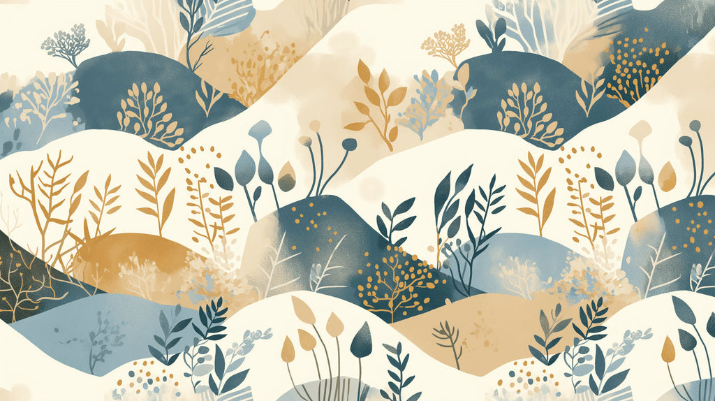 Abstract Floral Wallpaper design file showing flowing botanical patterns in teal-blue and warm beige