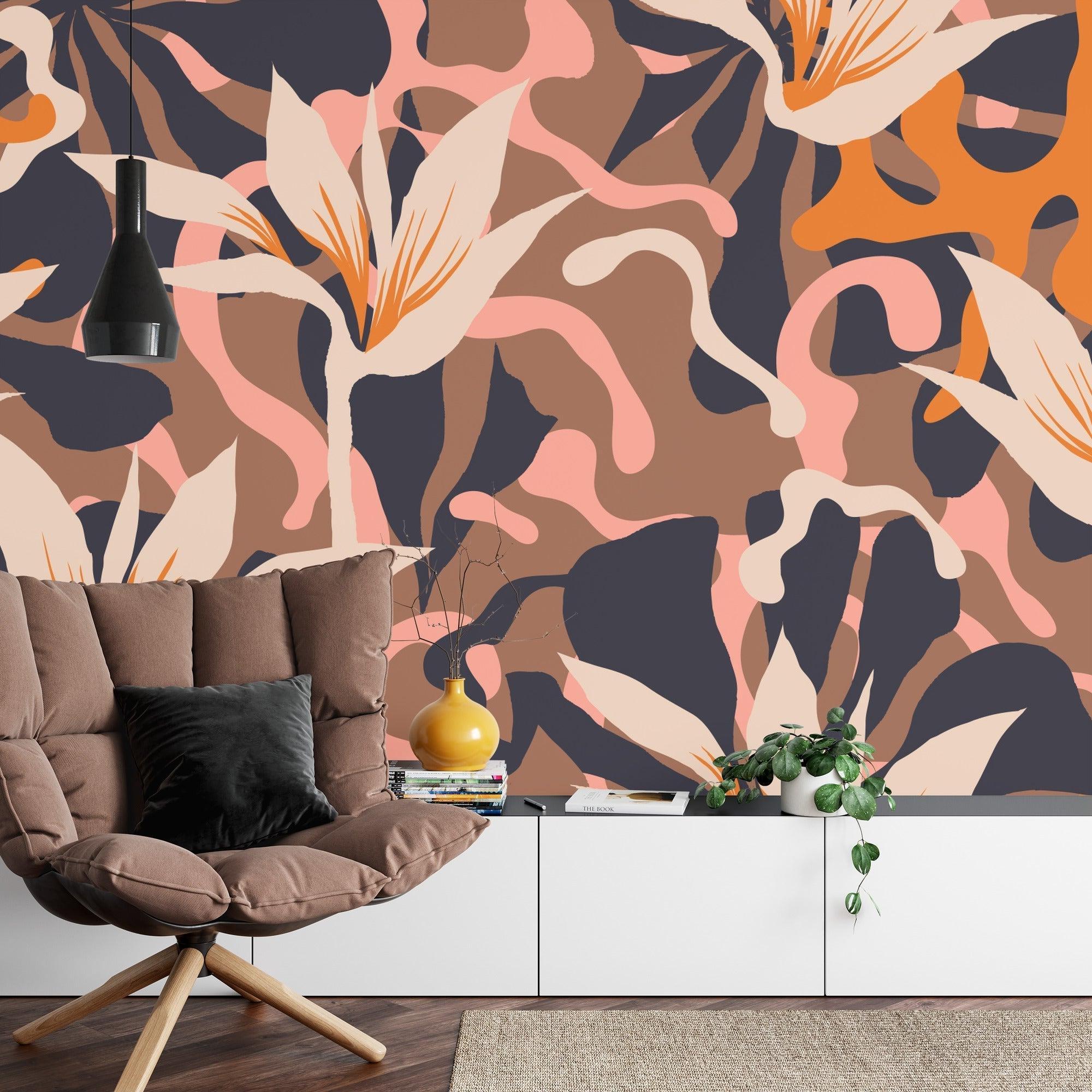Modern abstract floral wallpaper in bright living room setting with orange and pink tones