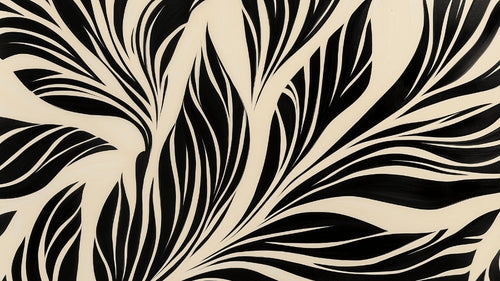 Modern Abstract Leaf Wallpaper creating dramatic impact in a minimalist living room with black and beige botanical pattern