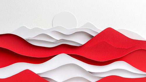 Abstract mountain wallpaper with red waves creating dramatic effect in modern minimalist living room