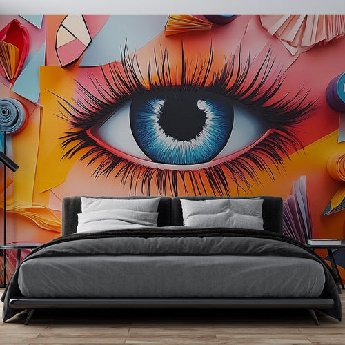 Modern abstract eye wallpaper creating a bold statement in a minimalist living room with white furniture