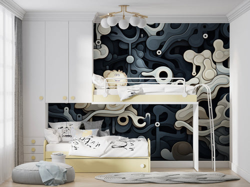 Home office featuring black and beige abstract wall mural with flowing curves
